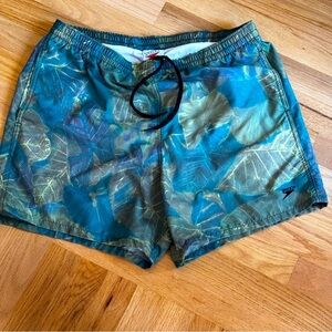 Speedo Teal Blue Leaf-Print Swim Trunks